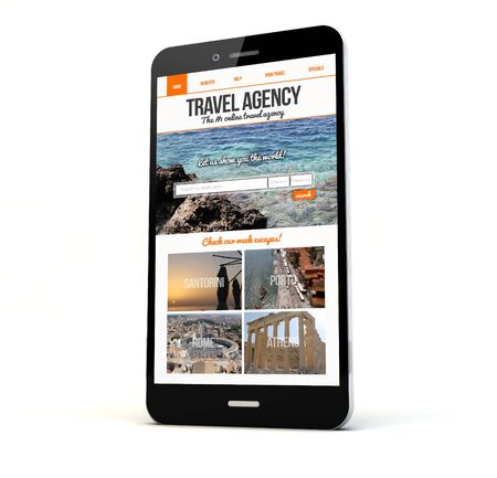 render of a phone with travel agency website on the screen isolated. Screen graphics are made up.の写真素材