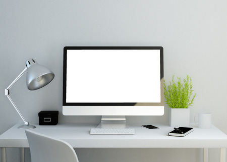 modern clean workspace mockup with blank screen. 3D illustration.の写真素材