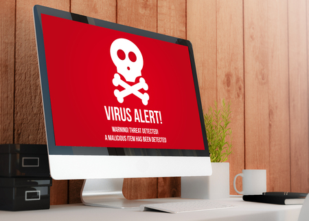 modern wooden workspace with computer showing virus alert. All screen graphics are made up. 3D illustration.の写真素材