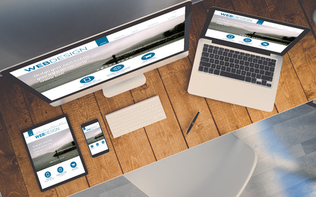 top view of a computer, laptop, smartphone and tablet on a desktop workspace. Order online responsive website on screen. 3d Illustration. All screen graphics are made up.