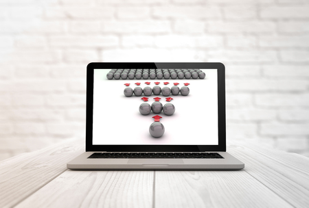 marketing viral concept: digitally generated laptop on a wooden table . Screen graphics are made up. 3d illustration.の写真素材