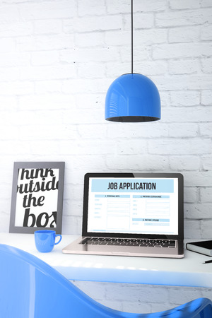 Laptop with job application software on a destop in office. all screen graphics are made up. 3d Illustration.の写真素材