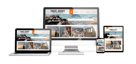 3d rendering of isolated devices with travel agency responsive website design. All screen graphics are made up.の写真素材