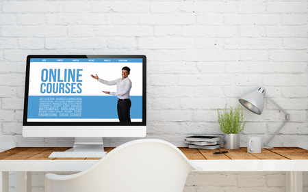 briks studio withonline courses on computer screen. 3d rendering.の写真素材