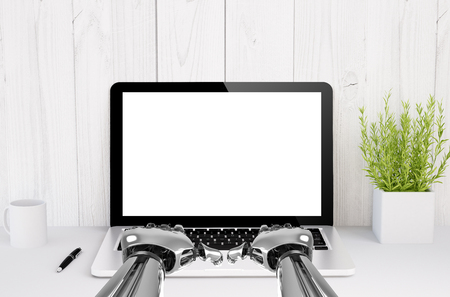 3d rendering of a laptop with white screen on table. Robot hands typing.の写真素材