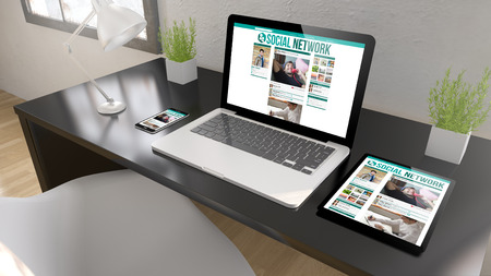 Black desktop with tablet, laptop and smartphone showing social network on screen. 3d rendering.