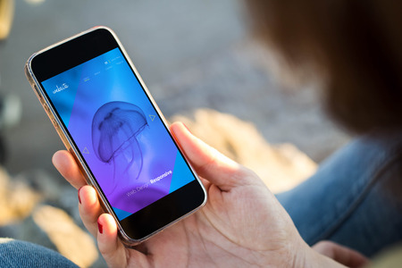 close-up view of young woman checking website her mobile phone. All screen graphics are made up.の写真素材