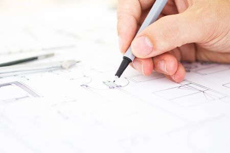 macro view of architect working drawing construction plansの写真素材