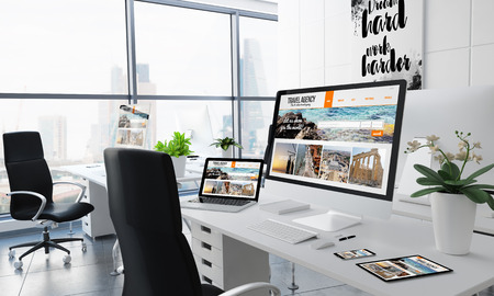 office desktop 3d rendering with travel agency on screenの写真素材