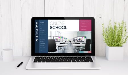 3d rendering of a laptop with online school on tableの写真素材