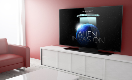 movie streaming on smart tv on a living room. 3d Rendering.の写真素材