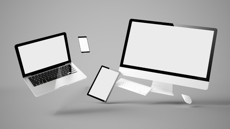 Flying devices with white screen on grey background 3d renderingの写真素材