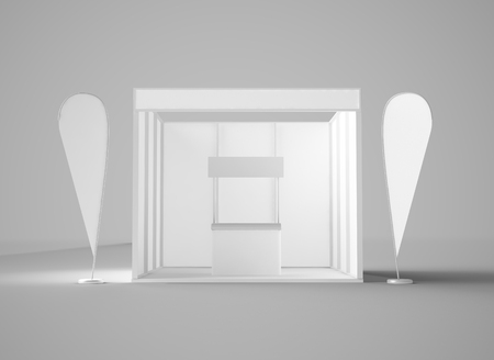 exhibition booth with reception desk and flags 3d renderingの写真素材