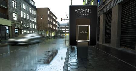 perfume poster billboard mockup on evening street 3d renderingの写真素材