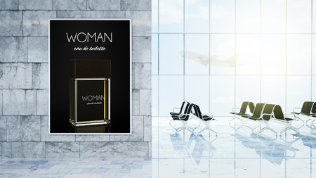 Poster fragance mockup on airport lobby 3d renderingの写真素材