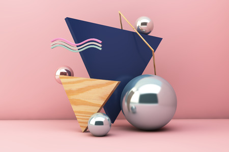 geometric shapes on minimal scene with pink background 3d renderingの写真素材