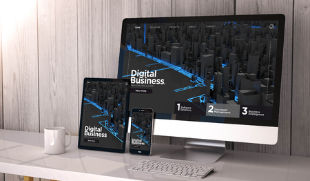 Digital generated devices on desktop, responsive digital business website on screen. All screen...