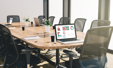 conference or meeting room with computer and some office stuff 3d renderingの写真素材