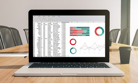 spreadsheet on laptop mockup on conference room 3d rendering