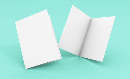 blank bifold brochure 3d rendering on blue backgroundの写真素材
