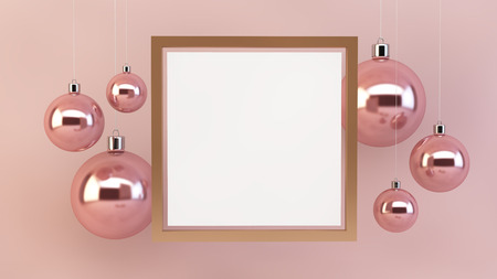 square poster mockup qith christmas balls 3d rendering