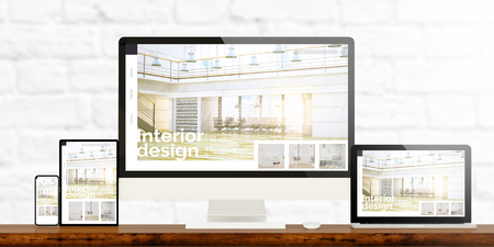 responsive devices showing interior design website 3d renderingの写真素材