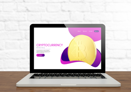 3d rendering of cryptocurrency mining website screen laptop on desktopの写真素材