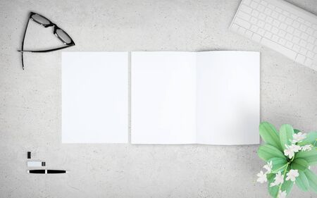 Open and close brochure 3d rendering mockup top viewの写真素材