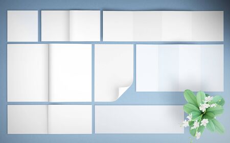 Print blank elements top view 3d rendering at blue  mockupの写真素材
