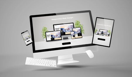 Computer, tablet and smartphone showing responsive website 3d rendering