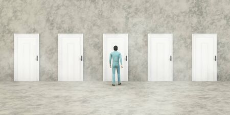 Businessman in front of five doors 3d renderingの写真素材