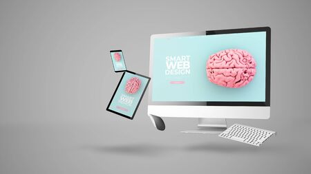 floating devices showing smart responsive website design 3d rendering