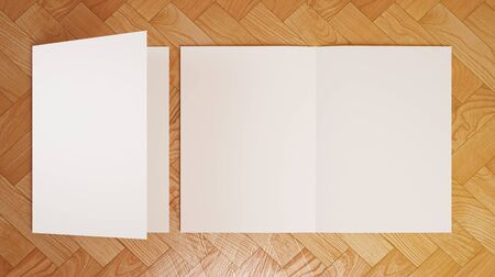 Bifold brochure on wooden floor top view 3d rendering