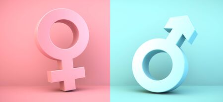 Male and female icons on blue and pinkの写真素材