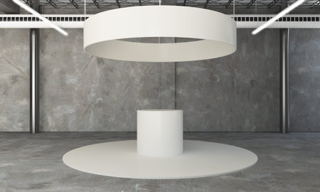 rounded exhibition booth on industrial space 3d renderingの写真素材