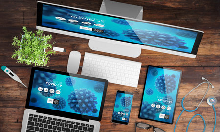 Devices top view with covid-19 info responsive website 3d rendering