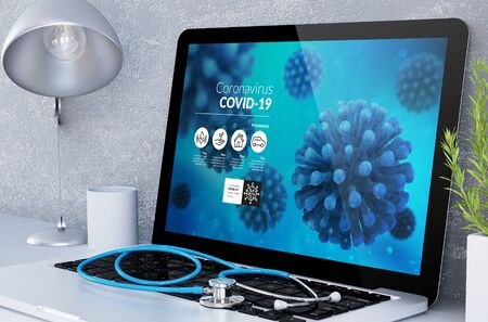 Medical desktop computer coronavirus info on screen 3d renderingの写真素材
