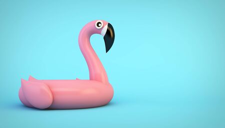 Pink inflatable flamingo on blue background 3d renderingの写真素材