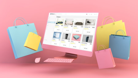 Floating computer online shop and shopping bags in pink