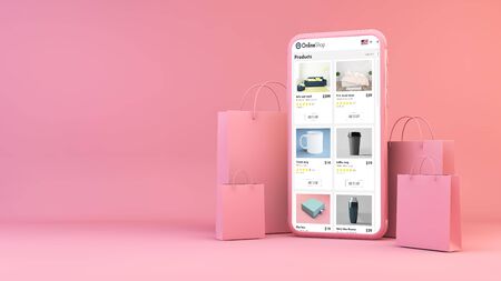 Online shop on mobile with shopping bags 3d renderingの写真素材
