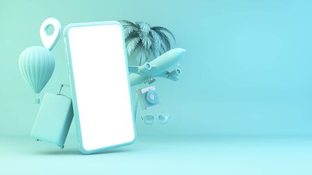 Blue smartphone with travel objects concept 3d renderingの写真素材