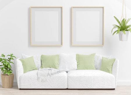 Two frames on a living room mockup with green plants 3d rendering