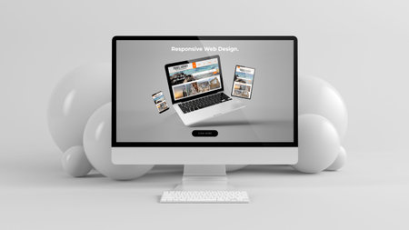 Computer with bubbles background minimal mockup 3d rendering