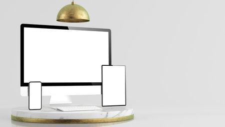 Responsive devices mock up on minimal platform 3d rendering
