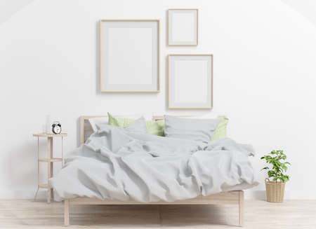 Three frames collage on a bedroom interior mockup. 3d rendering.の写真素材