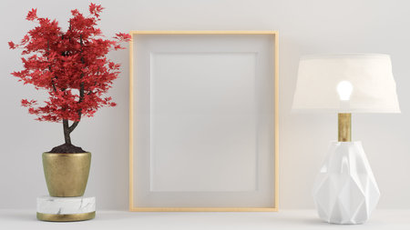 Interior poster mock up with vertical empty wooden frame surrounded by red plant and lamp 3d...