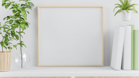 Square frame mock up on a desktop 3d rendering