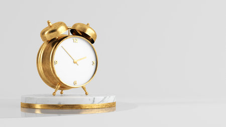 Golden alarm clock on marble platform 3d renderingの写真素材
