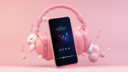 Phone showing music streaming app with headphones on pink scene 3d renderingの写真素材