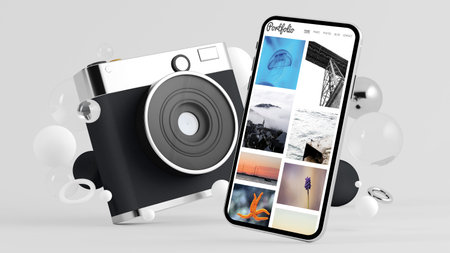 Social media camera and smartphone showing portfolio 3d rendering